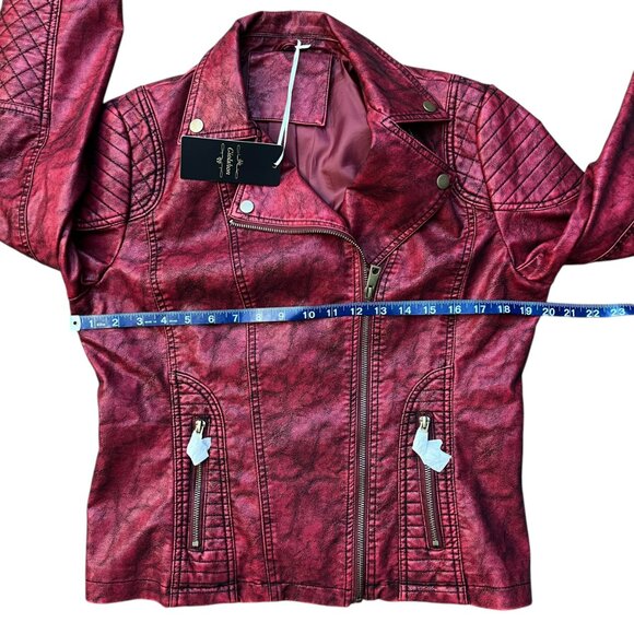 NEW Giolshon Retro Style Red Faux Leather Moto Jacket - Size Large - Picture 12 of 16